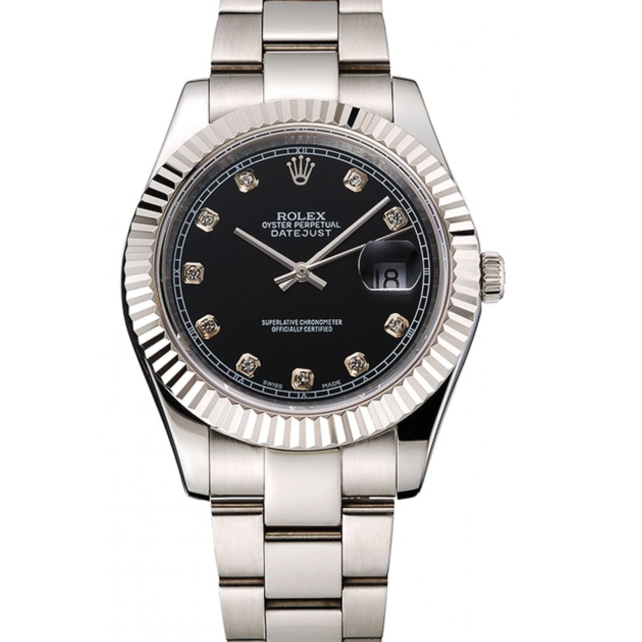 Dimond Case Swiss Bracelet Hour Dial Datejust Rolex Marks Stainless Steel Black And 0802